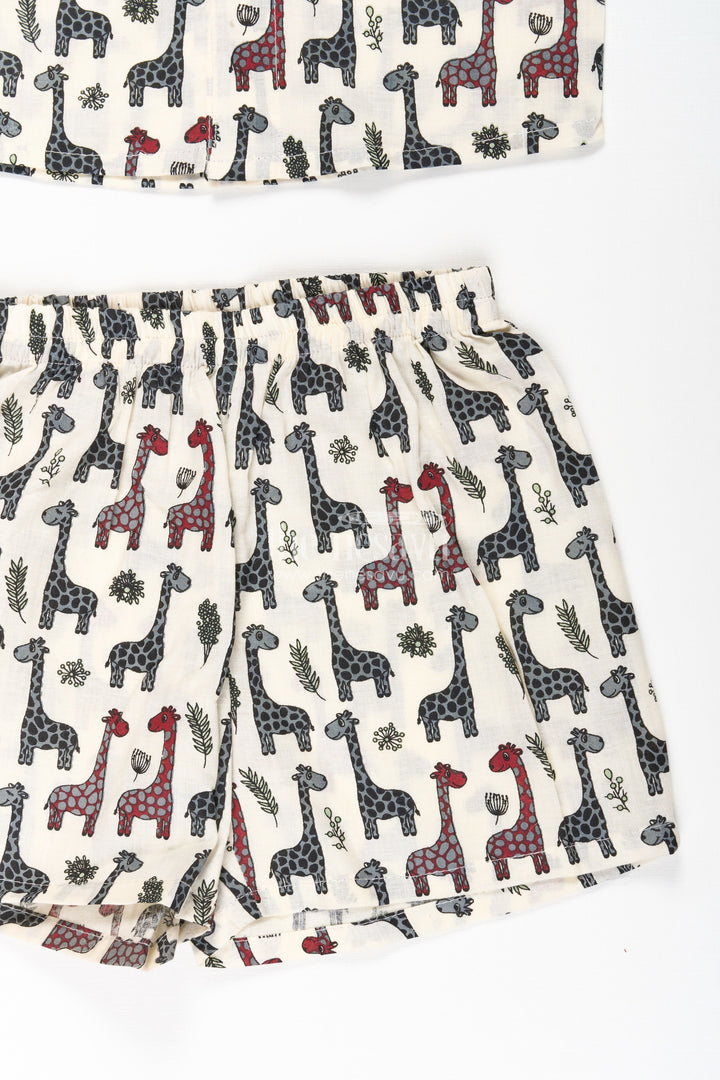 The Nesavu Boys Casual Set Boys Casual Cotton Trousers with Giraffe Print and Matching Shirt Set for Everyday Style Nesavu Nesavu Boys Casual Cotton Trousers Set Giraffe Print Shirt Matching Shorts Soft Cotton