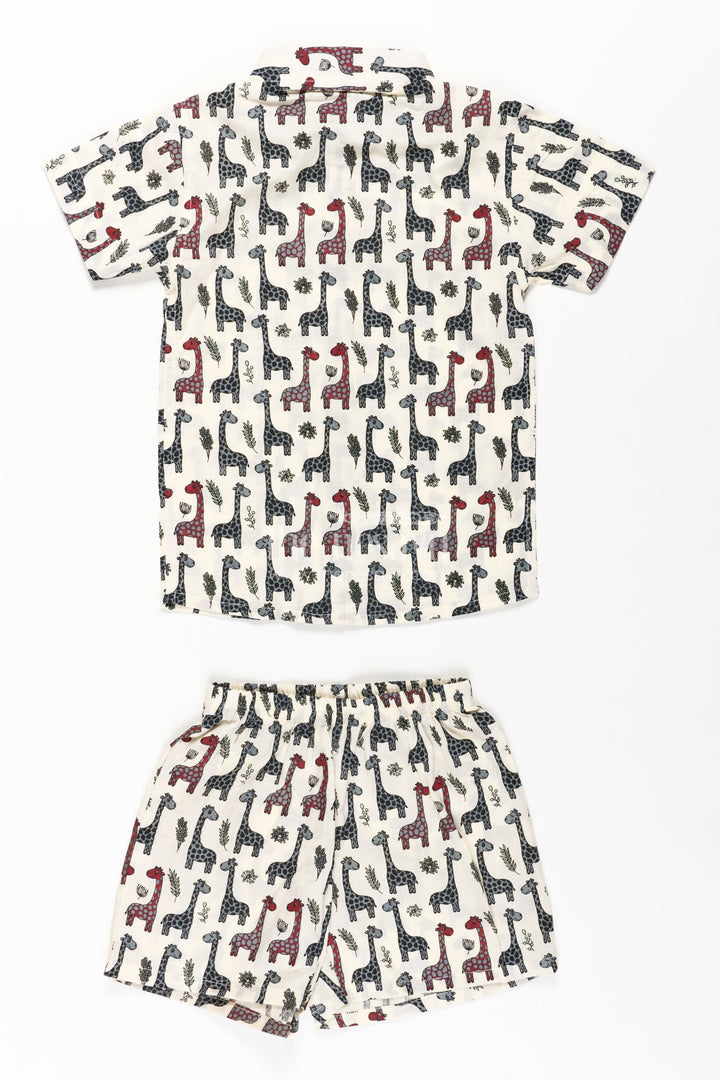 The Nesavu Boys Casual Set Boys Casual Cotton Trousers with Giraffe Print and Matching Shirt Set for Everyday Style Nesavu Nesavu Boys Casual Cotton Trousers Set Giraffe Print Shirt Matching Shorts Soft Cotton