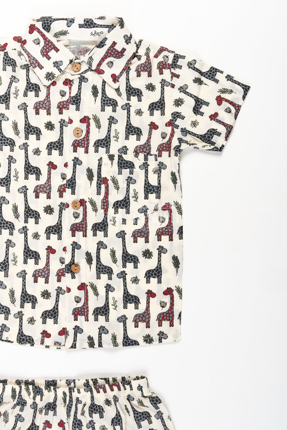 The Nesavu Boys Casual Set Boys Casual Cotton Trousers with Giraffe Print and Matching Shirt Set for Everyday Style Nesavu Nesavu Boys Casual Cotton Trousers Set Giraffe Print Shirt Matching Shorts Soft Cotton