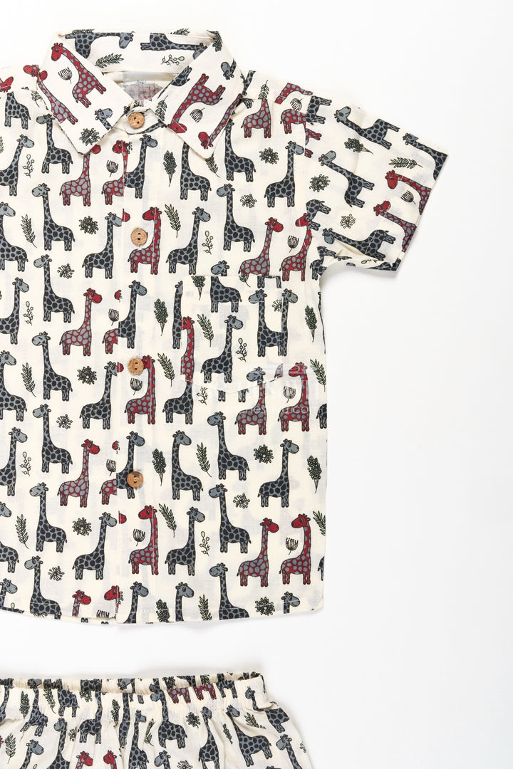 The Nesavu Boys Casual Set Boys Casual Cotton Trousers with Giraffe Print and Matching Shirt Set for Everyday Style Nesavu Nesavu Boys Casual Cotton Trousers Set Giraffe Print Shirt Matching Shorts Soft Cotton