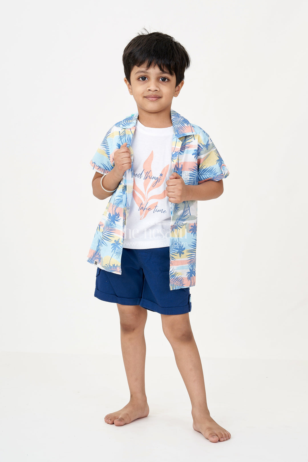 The Nesavu Boys Casual Set Boys Casual Dress Mens Outfits in Cotton with Tropical Print Shirt and Navy Shorts Combo Nesavu 20 (3Y) / Blue BCS217A-20 Boys Cotton Casual Dress Mens Outfits Style Tropical Shirt Tee Shorts Combo | The Nesavu