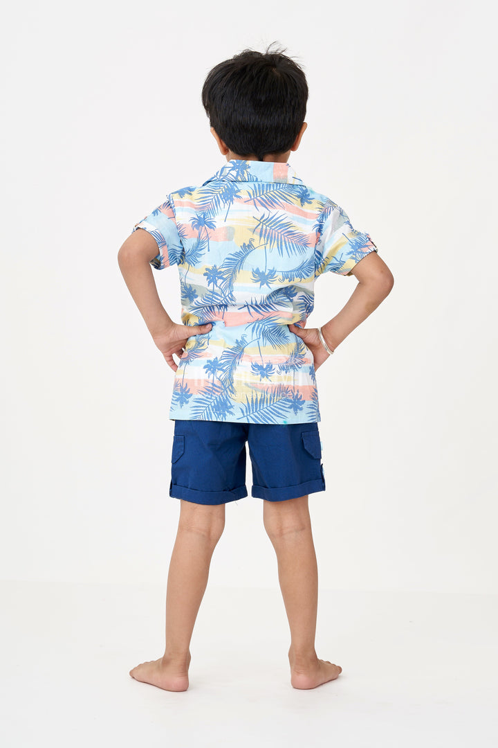 The Nesavu Boys Casual Set Boys Casual Dress Mens Outfits in Cotton with Tropical Print Shirt and Navy Shorts Combo Nesavu Boys Cotton Casual Dress Mens Outfits Style Tropical Shirt Tee Shorts Combo | The Nesavu