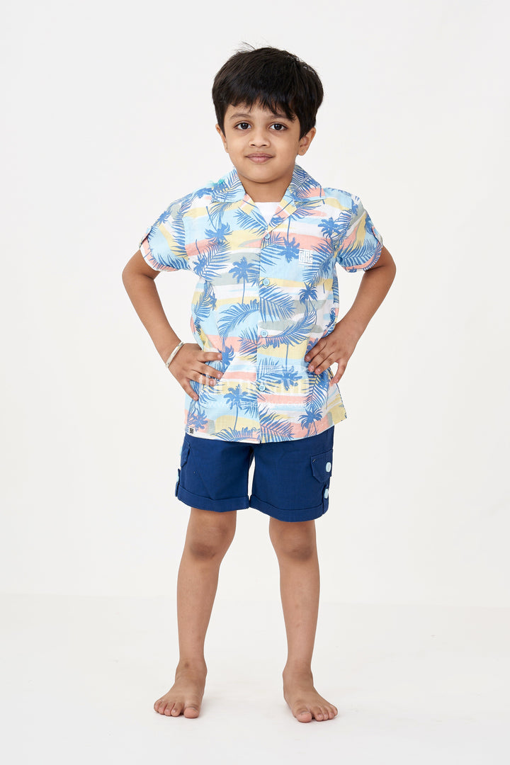 The Nesavu Boys Casual Set Boys Casual Dress Mens Outfits in Cotton with Tropical Print Shirt and Navy Shorts Combo Nesavu Boys Cotton Casual Dress Mens Outfits Style Tropical Shirt Tee Shorts Combo | The Nesavu