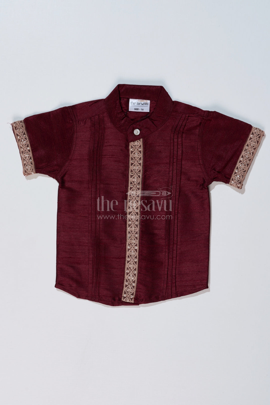 The Nesavu Boys Silk Shirt Boys Casual Half Shirt with Silk Blend Fabric and Elegant Embroidery for a Stylish Traditional Look Nesavu 16 (1Y) / Magenta BS228A-16 Boys Casual Half Shirt Silk Blend Fabric Elegant Embroidery Traditional Wear | The Nesavu