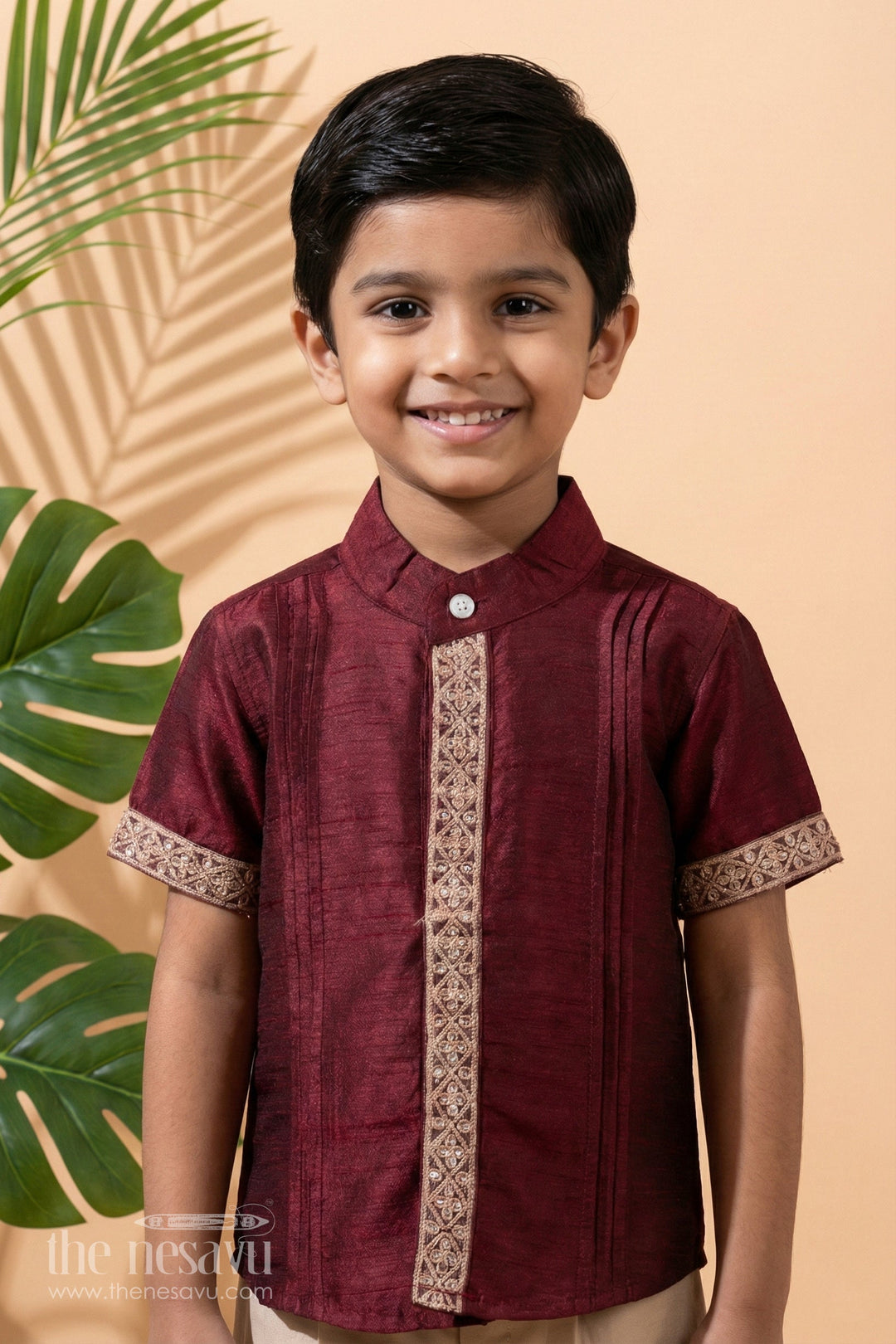 The Nesavu Boys Silk Shirt Boys Casual Half Shirt with Silk Blend Fabric and Elegant Embroidery for a Stylish Traditional Look Nesavu 16 (1Y) / Magenta BS228A-16 Boys Casual Half Shirt Silk Blend Fabric Elegant Embroidery Traditional Wear | The Nesavu