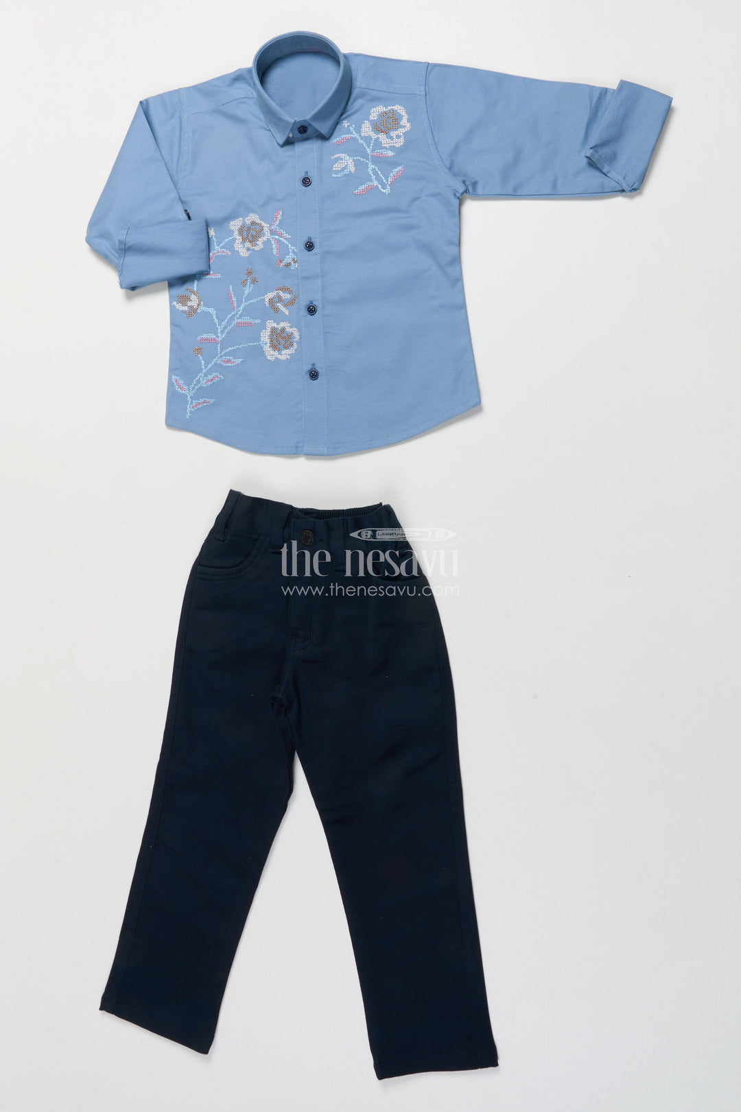 The Nesavu Boys Casual Set Boys Casual Kurta Set for Festive School Events and Gatherings Nesavu 20 (3Y) / Blue BCS496D-20 Nesavu boys cotton kurta set embroidery school ethnic day casual festivities