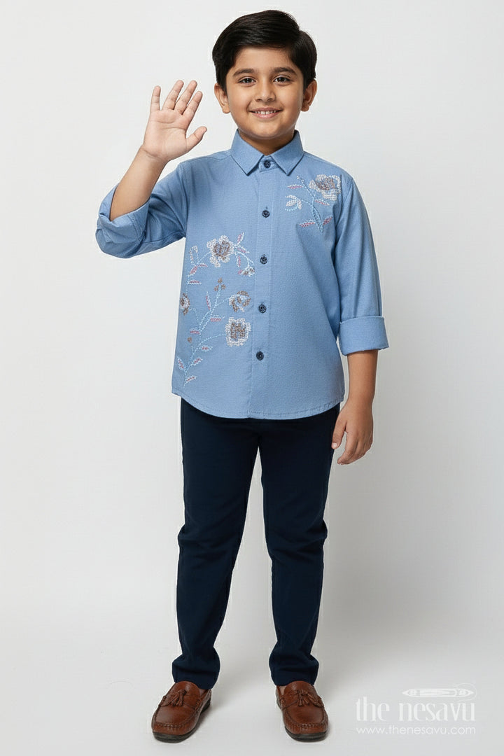 The Nesavu Boys Casual Set Boys Casual Kurta Set for Festive School Events and Gatherings Nesavu 20 (3Y) / Blue BCS496D-20 Nesavu boys cotton kurta set embroidery school ethnic day casual festivities