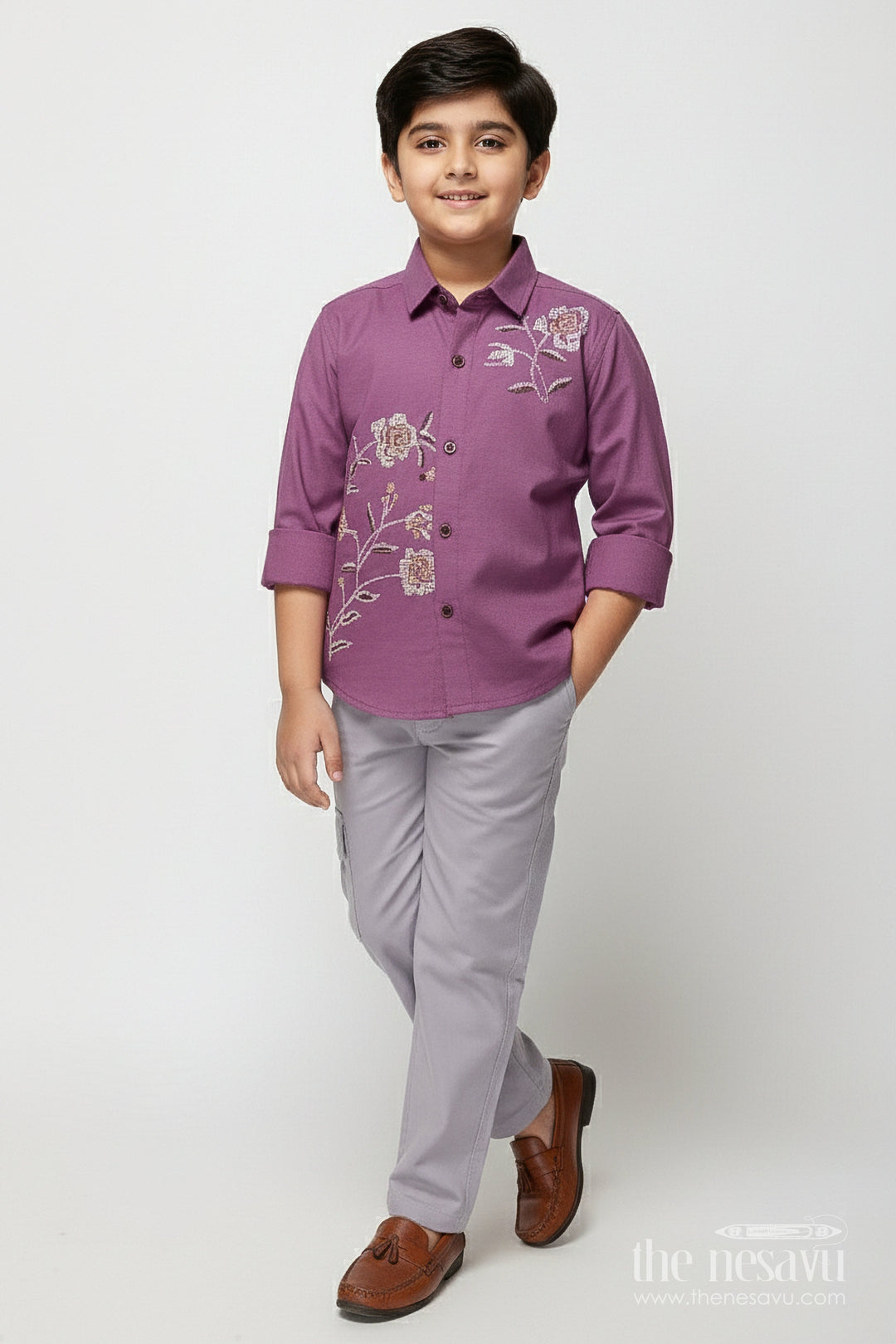 The Nesavu Boys Casual Set Boys Casual Kurta Set for Traditional Events and Outings Nesavu 20 (3Y) / Purple BCS496B-20 Nesavu boys casual ethnic kurta set thread embroidery school festive use