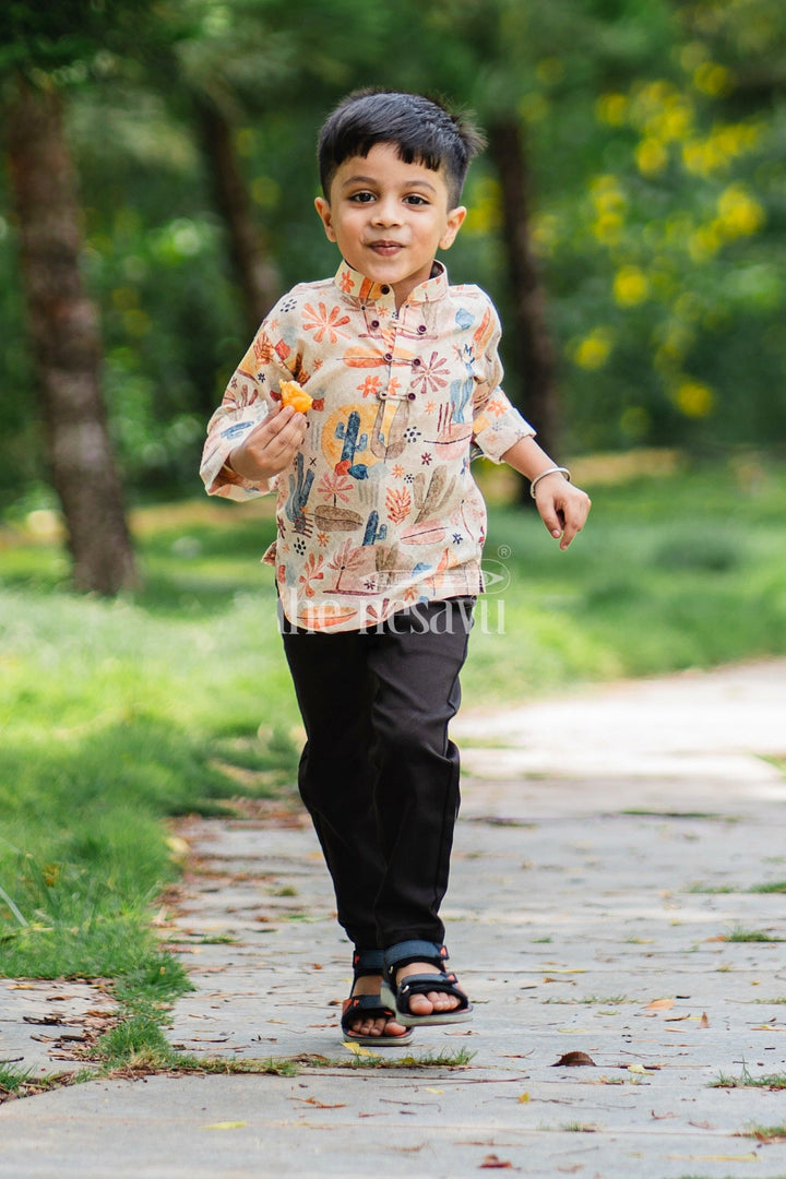 The Nesavu Boys Casual Set Boys Casual Outfit with Cactus Print Shirt and Black Pants for Playdates and Outings Nesavu Nesavu Boys Casual Outfit Cactus Print Shirt Black Pants Perfect Playdates Casual Outings