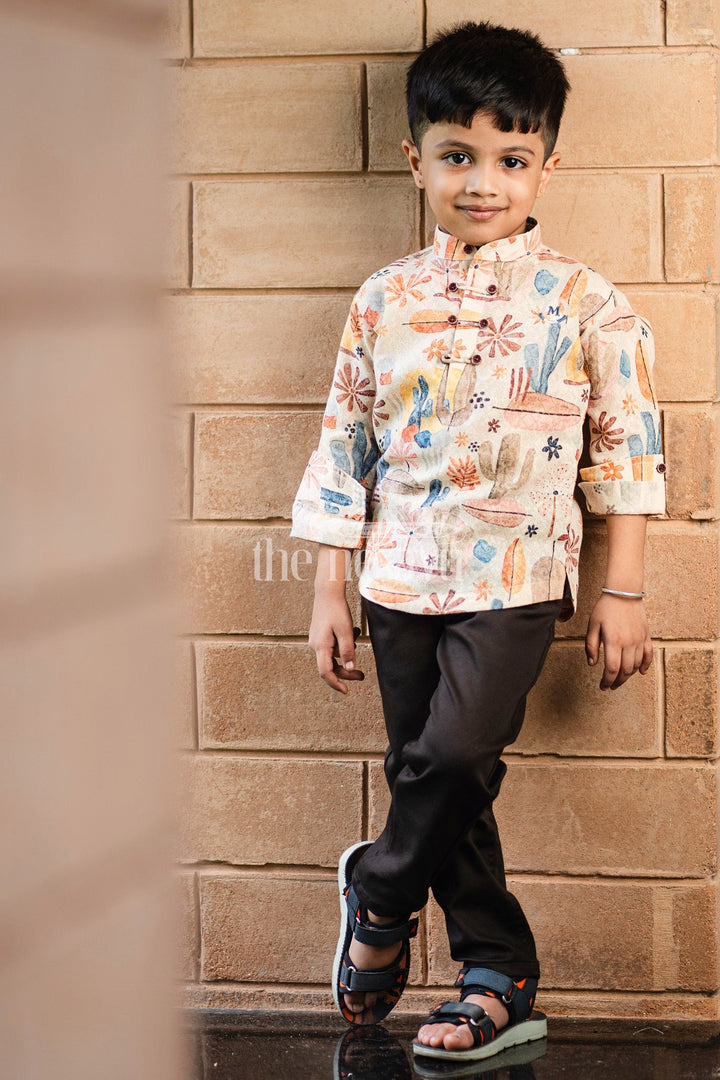 The Nesavu Boys Casual Set Boys Casual Outfit with Cactus Print Shirt and Black Pants for Playdates and Outings Nesavu Nesavu Boys Casual Outfit Cactus Print Shirt Black Pants Perfect Playdates Casual Outings