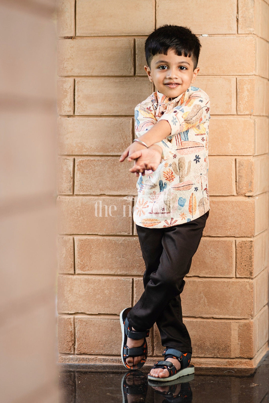 The Nesavu Boys Casual Set Boys Casual Outfit with Cactus Print Shirt and Black Pants for Playdates and Outings Nesavu Nesavu Boys Casual Outfit Cactus Print Shirt Black Pants Perfect Playdates Casual Outings