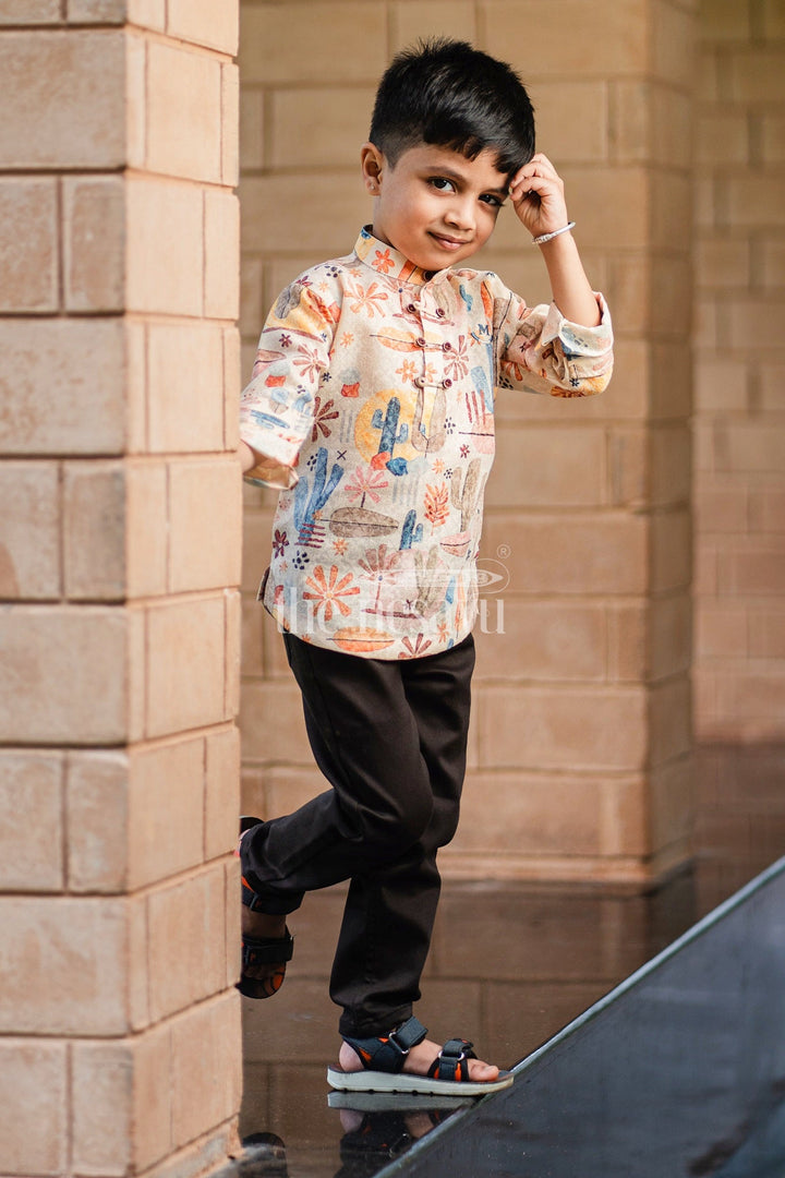 The Nesavu Boys Casual Set Boys Casual Outfit with Cactus Print Shirt and Black Pants for Playdates and Outings Nesavu Nesavu Boys Casual Outfit Cactus Print Shirt Black Pants Perfect Playdates Casual Outings