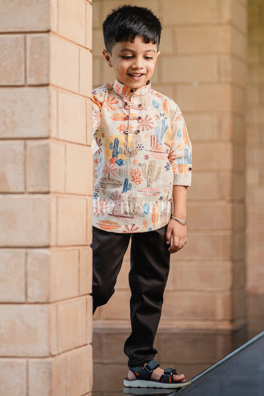 The Nesavu Boys Casual Set Boys Casual Outfit with Cactus Print Shirt and Black Pants for Playdates and Outings Nesavu Nesavu Boys Casual Outfit Cactus Print Shirt Black Pants Perfect Playdates Casual Outings