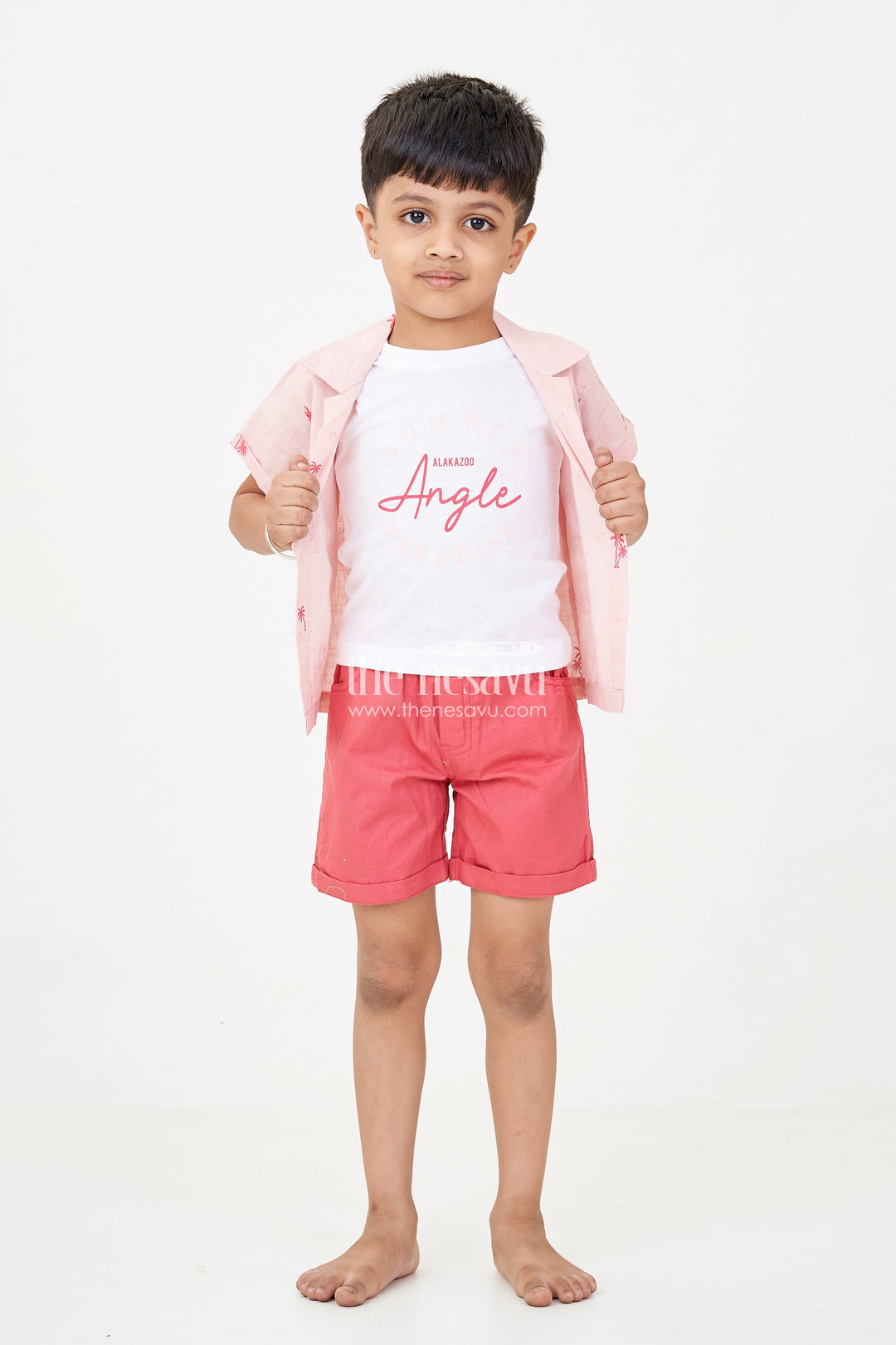 The Nesavu Boys Casual Set Boys Casual Outfits with Coral Palm Shirt and Sleeveless Graphic Tee for Playful Summer Style Nesavu 14 (6M) / Pink BCS243B-14 Boys casual outfits Set Coral Palm Shirt Sleeveless Tee Rust Shorts Summer Style | The Nesavu