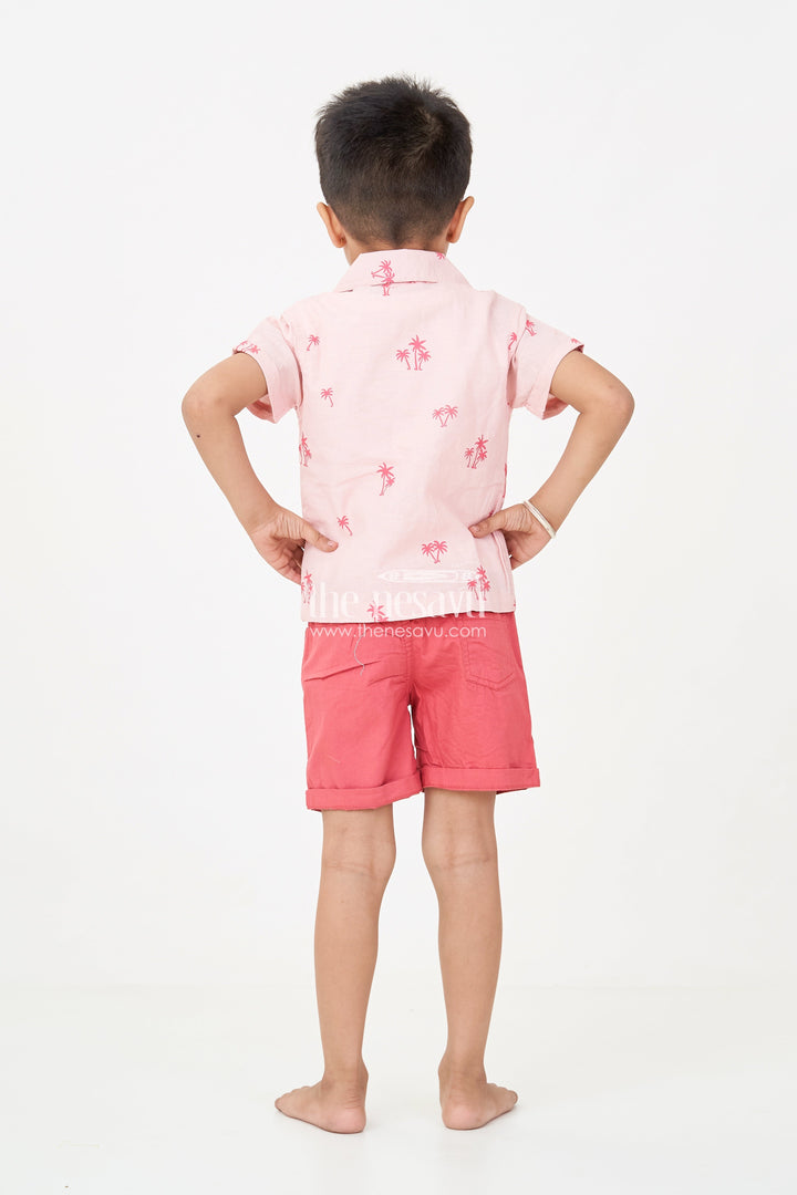 The Nesavu Boys Casual Set Boys Casual Outfits with Coral Palm Shirt and Sleeveless Graphic Tee for Playful Summer Style Nesavu Boys casual outfits Set Coral Palm Shirt Sleeveless Tee Rust Shorts Summer Style | The Nesavu