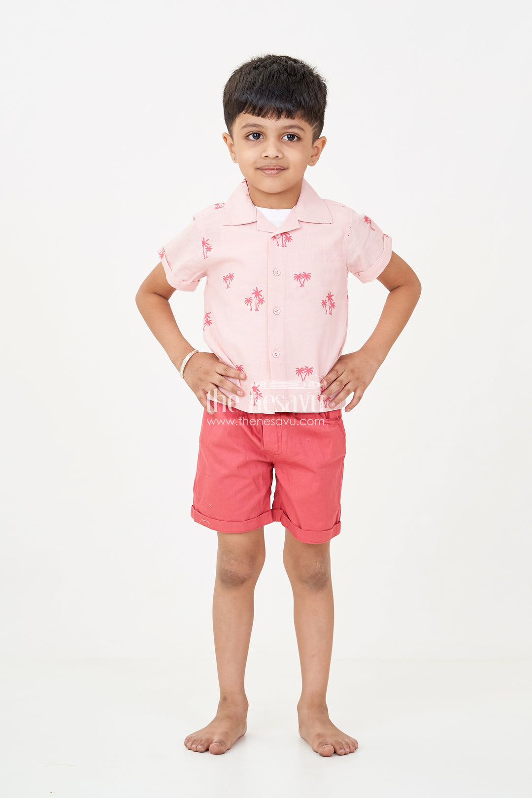 The Nesavu Boys Casual Set Boys Casual Outfits with Coral Palm Shirt and Sleeveless Graphic Tee for Playful Summer Style Nesavu Boys casual outfits Set Coral Palm Shirt Sleeveless Tee Rust Shorts Summer Style | The Nesavu