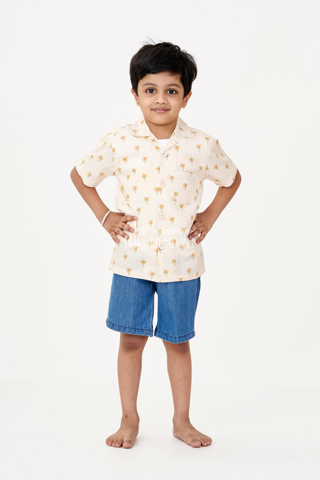 The Nesavu Boys Casual Set Boys Casual Pants and Jacket Set in Beige Cotton with Palm Tree Print and Denim Shorts Nesavu 20 (3Y) / Yellow BCS218A-20 Boys Beige Casual Pants Jacket Set Printed Shirt Tee Denim Shorts | The Nesavu