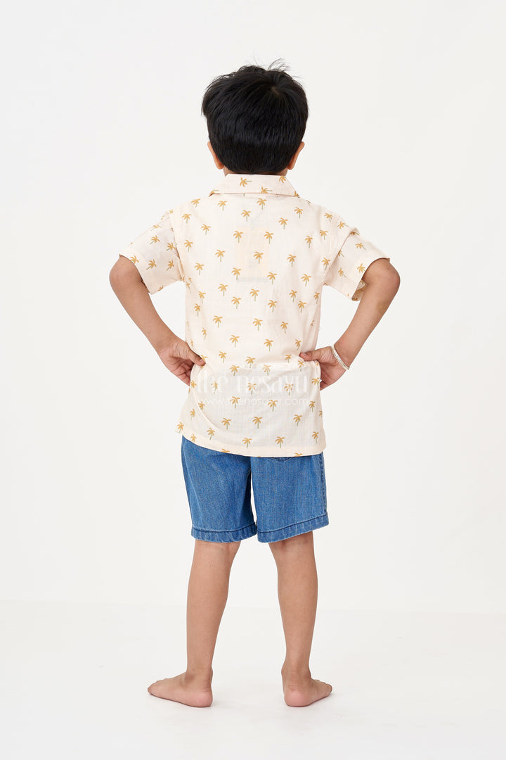 The Nesavu Boys Casual Set Boys Casual Pants and Jacket Set in Beige Cotton with Palm Tree Print and Denim Shorts Nesavu Boys Beige Casual Pants Jacket Set Printed Shirt Tee Denim Shorts | The Nesavu