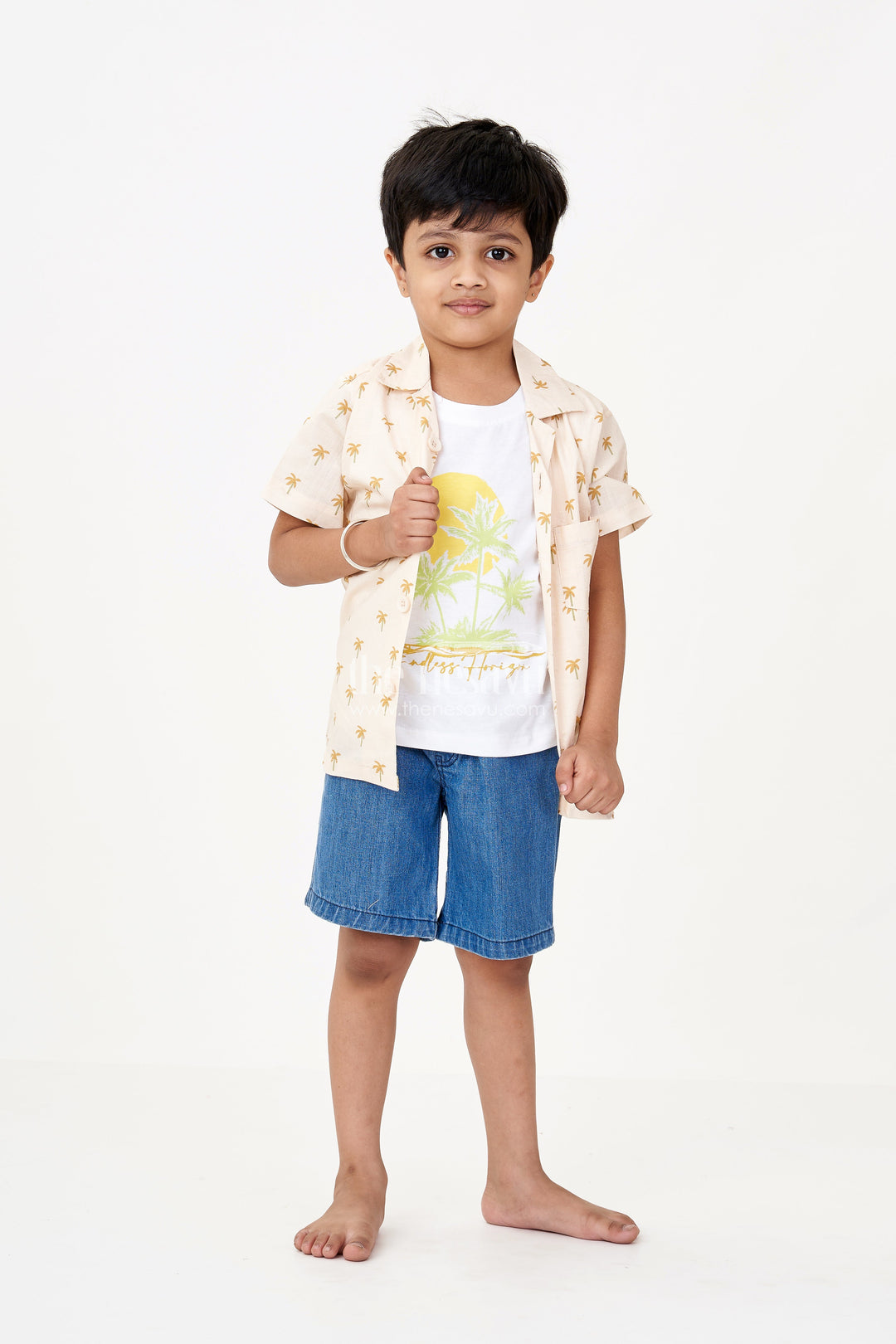 The Nesavu Boys Casual Set Boys Casual Pants and Jacket Set in Beige Cotton with Palm Tree Print and Denim Shorts Nesavu Boys Beige Casual Pants Jacket Set Printed Shirt Tee Denim Shorts | The Nesavu