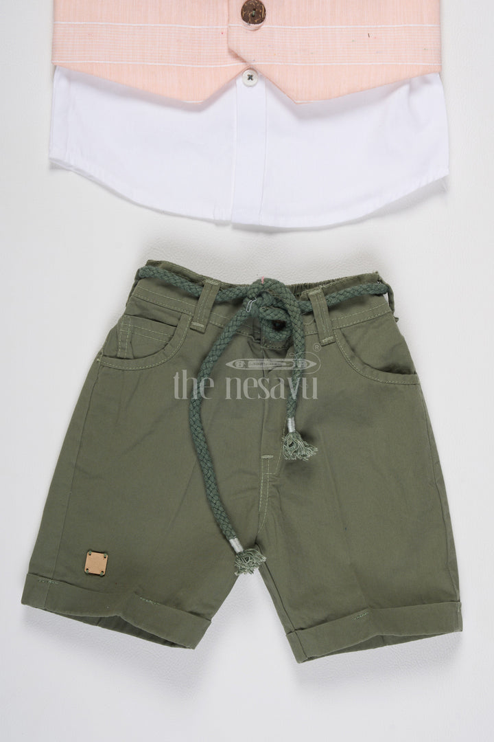 The Nesavu Boys Casual Set Boys Casual Set with Peach Vest, Green Shorts, and Giraffe Embroidery for Semi-Formal Events Nesavu Nesavu Boys Peach Vest Green Shorts Set Giraffe Embroidery Casual Semi-Formal Events