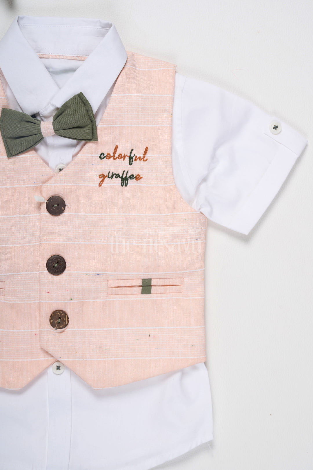 The Nesavu Boys Casual Set Boys Casual Set with Peach Vest, Green Shorts, and Giraffe Embroidery for Semi-Formal Events Nesavu Nesavu Boys Peach Vest Green Shorts Set Giraffe Embroidery Casual Semi-Formal Events