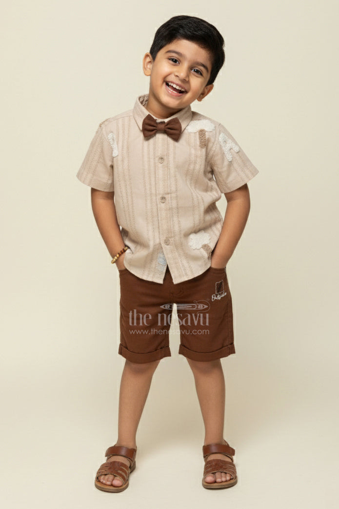 The Nesavu Boys Casual Set Boys Casual Set with Textured Embroidery for Family Gatherings and Day Outs Nesavu 14 (6M) / Cream BCS447A-14 Nesavu boys alphabet tree embroidered shirt set bow tie casual festive dressing