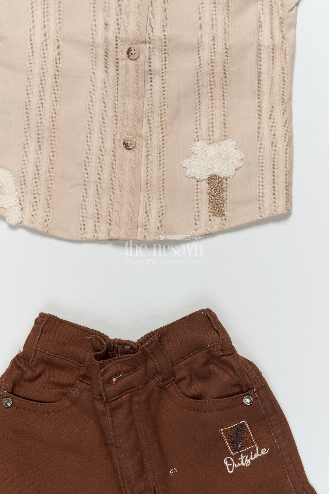 The Nesavu Boys Casual Set Boys Casual Set with Textured Embroidery for Family Gatherings and Day Outs Nesavu Nesavu boys alphabet tree embroidered shirt set bow tie casual festive dressing