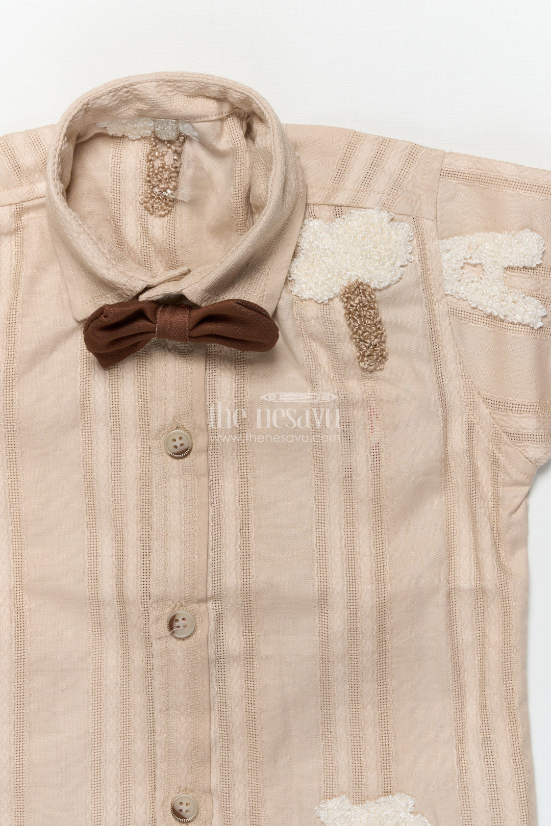 The Nesavu Boys Casual Set Boys Casual Set with Textured Embroidery for Family Gatherings and Day Outs Nesavu Nesavu boys alphabet tree embroidered shirt set bow tie casual festive dressing