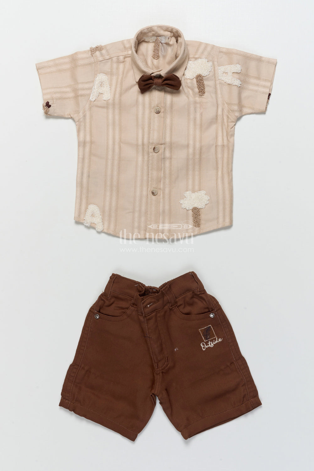 The Nesavu Boys Casual Set Boys Casual Set with Textured Embroidery for Family Gatherings and Day Outs Nesavu Nesavu boys alphabet tree embroidered shirt set bow tie casual festive dressing