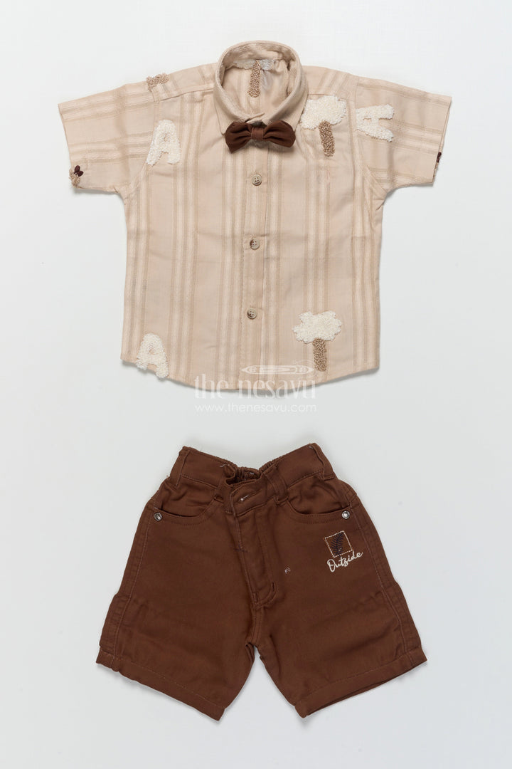 The Nesavu Boys Casual Set Boys Casual Set with Textured Embroidery for Family Gatherings and Day Outs Nesavu Nesavu boys alphabet tree embroidered shirt set bow tie casual festive dressing