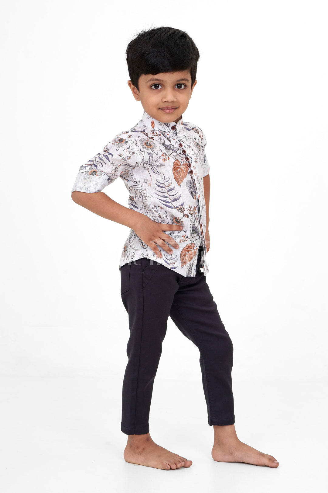 The Nesavu Boys Casual Set Boys Casual Set with White Floral Shirt and Black Pants, Flax Cotton Blend for Special Occasions Nesavu Nesavu Boys White Floral Print Shirt Black Pants Flax Cotton Blend Casual Set Diwali Family Events