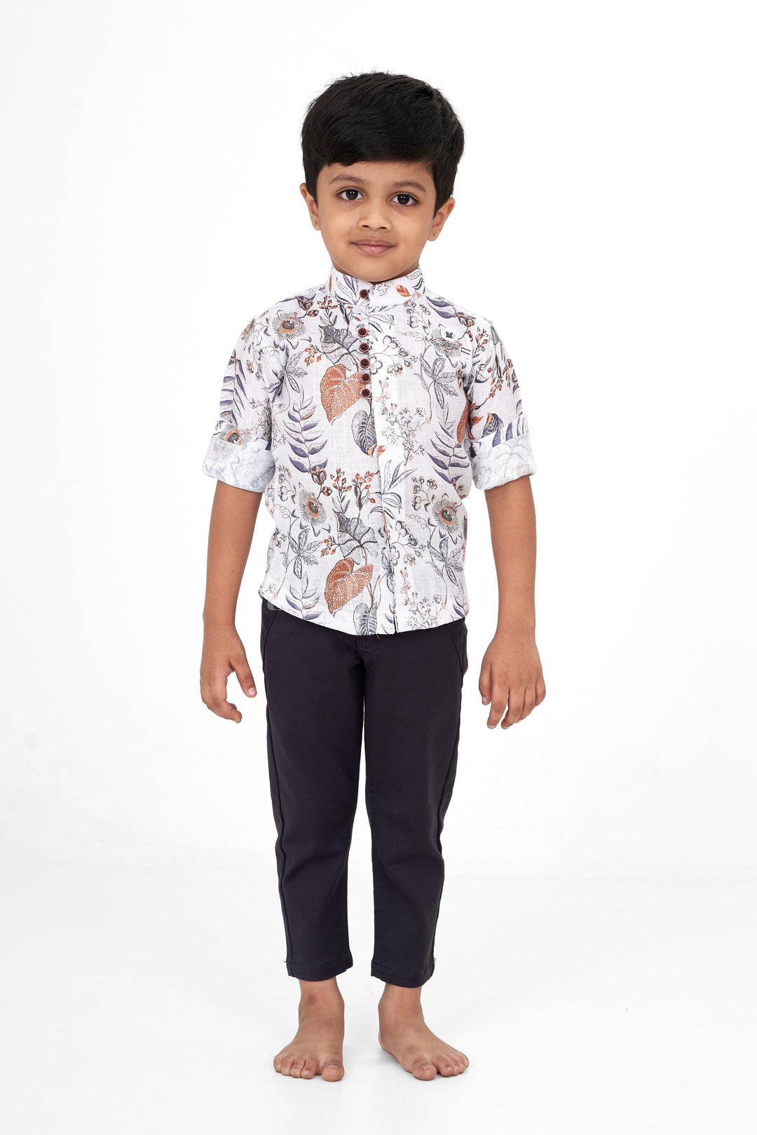 The Nesavu Boys Casual Set Boys Casual Set with White Floral Shirt and Black Pants, Flax Cotton Blend for Special Occasions Nesavu Nesavu Boys White Floral Print Shirt Black Pants Flax Cotton Blend Casual Set Diwali Family Events