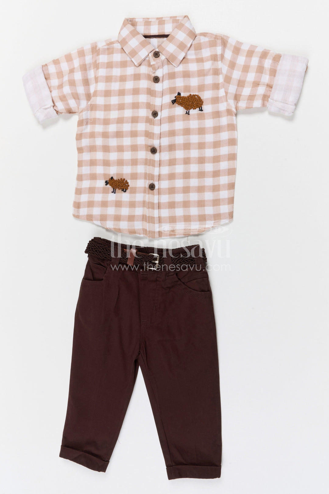The Nesavu Boys Casual Set Boys Casual Shirt and Pant Set for Family Outings and Celebrations Nesavu 16 (1Y) / Brown / Cotton BCS561A-16 Nesavu boys cotton checked shirt and pant set for family outings birthday parties and casual events
