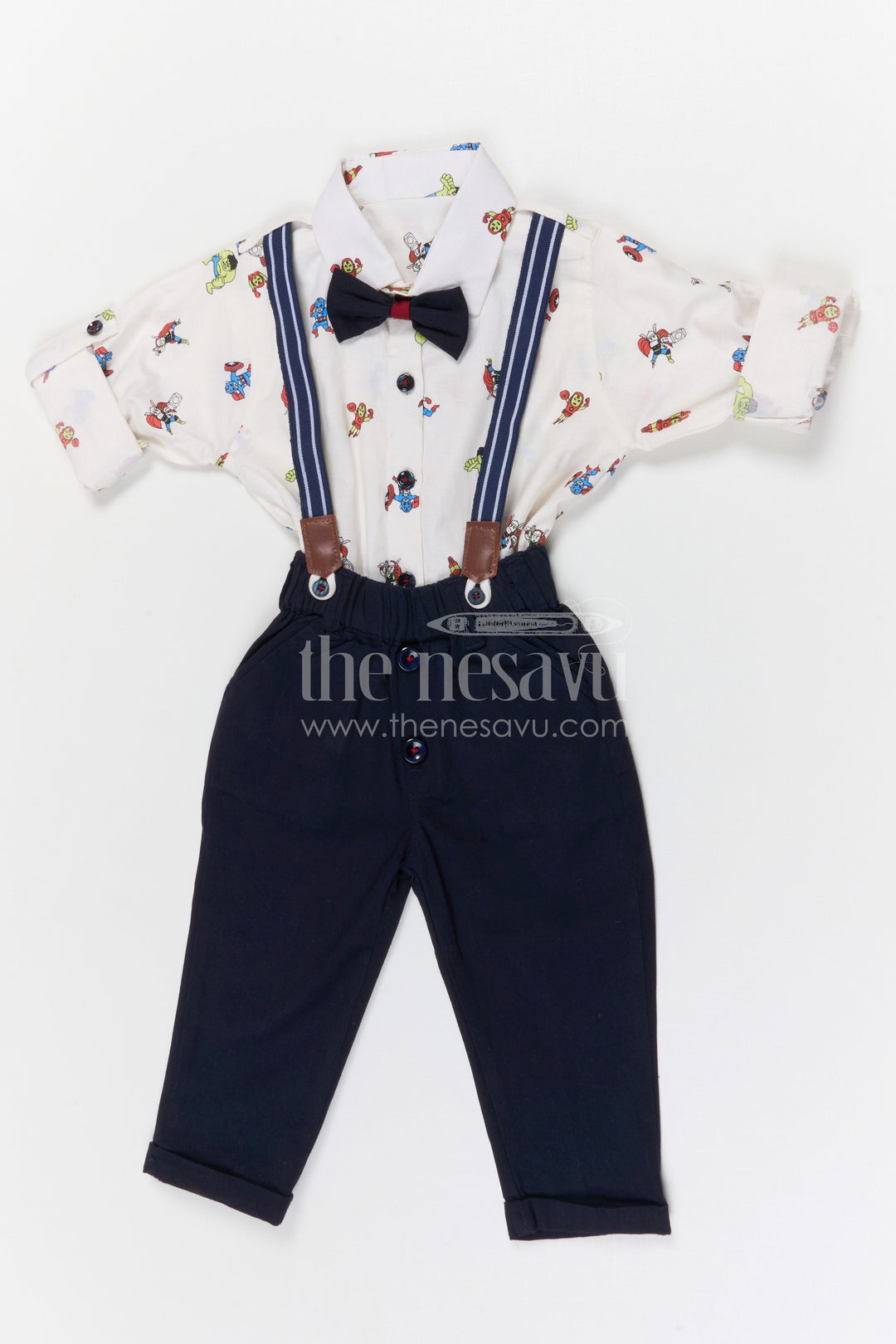 The Nesavu Boys Casual Set Boys Casual Shirt and Pant Set for Outings and Playdates Nesavu 16 (1Y) / White / Cotton BCS564A-16 Nesavu boys cotton cartoon print shirt and pant set for outings playdates and casual everyday wear
