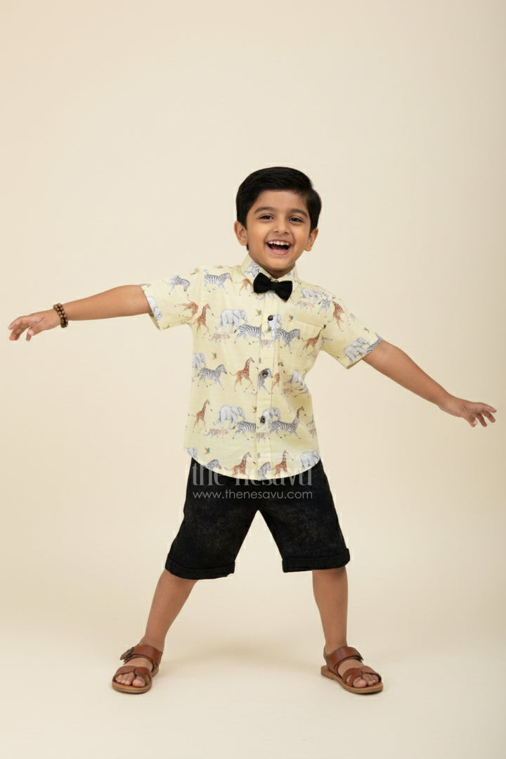 The Nesavu Boys Casual Set Boys Casual Shirt and Shorts Set for Birthday and Everyday Fun Nesavu 14 (6M) / Yellow BCS392BA-14 Nesavu boys cotton shirt shorts set animal print birthdays casual occasions