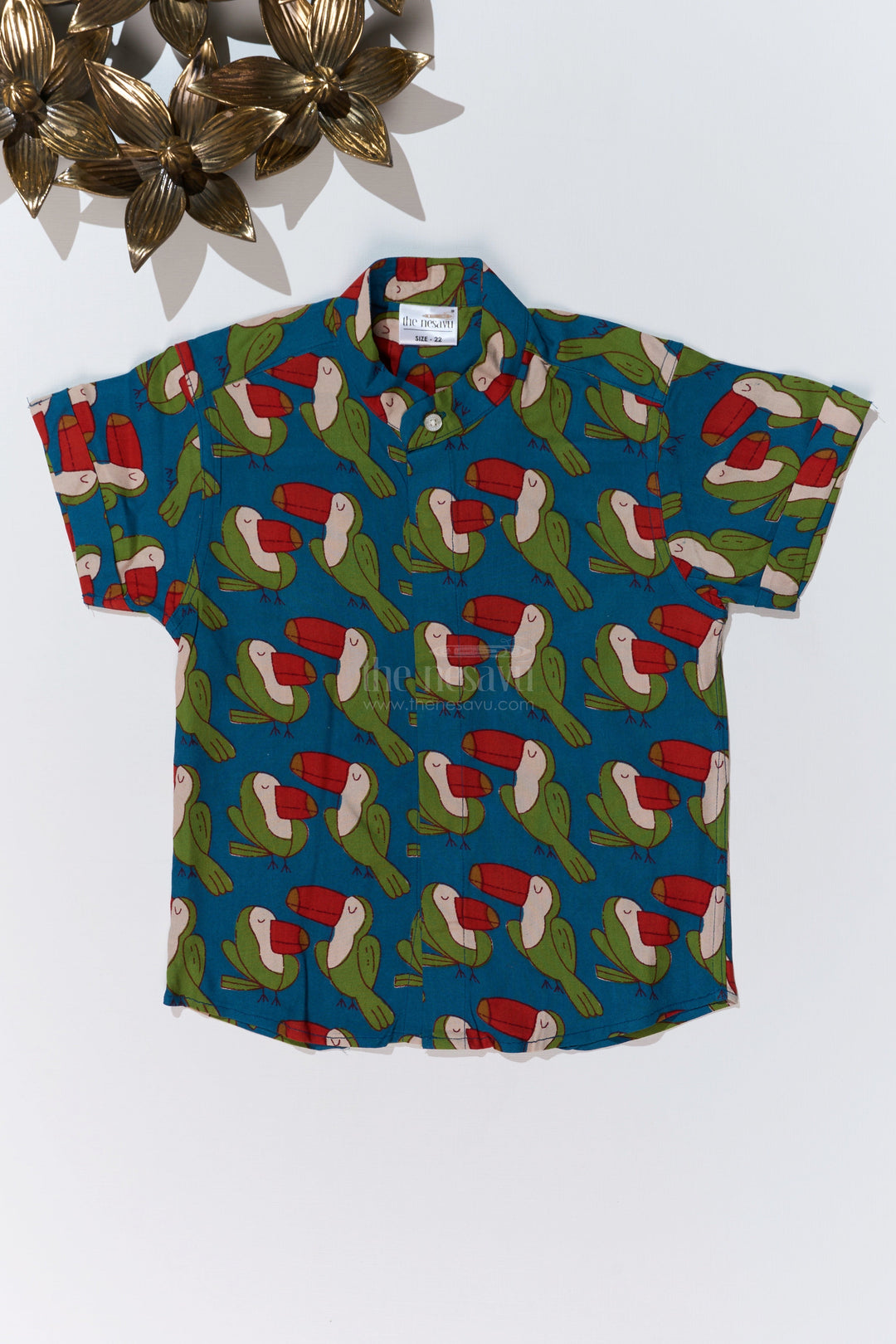 The Nesavu Boys Cotton Shirt Boys Casual Shirt Dress in Rayon with Exotic Toucan Bird Print for a Fun Look Nesavu 16 (1Y) / Blue BS240B-16 Boys Casual Shirt Dress Soft Rayon Toucan Bird Print Playful Styling | The Nesavu