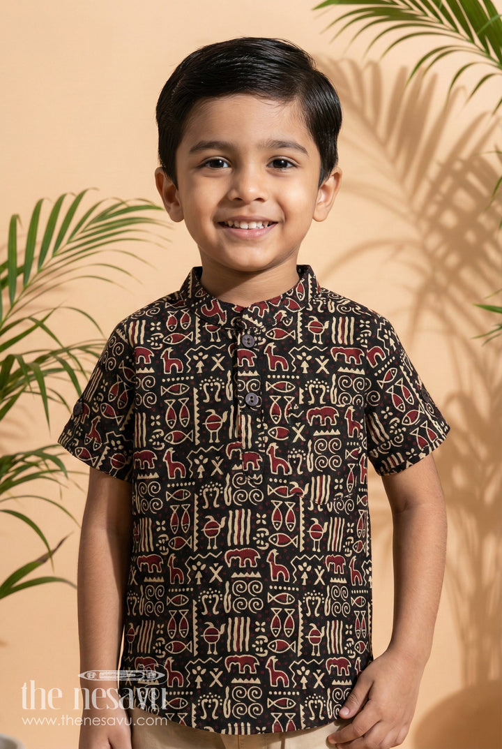 The Nesavu Boys Cotton Shirt Boys Casual Shirt with Ethnic Digital Print for Festive Dressing Nesavu 20 (3Y) / Black BS382B-20 Nesavu boys ethnic digital printed shirt – festive cotton wear for casual occasions