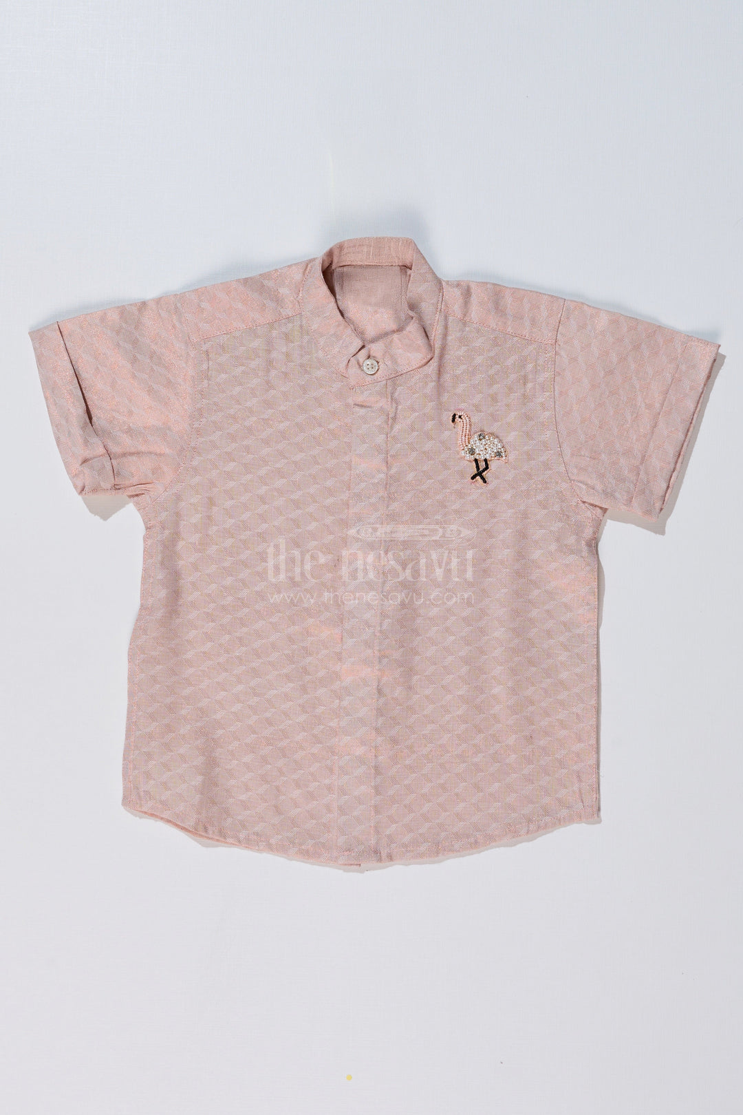 The Nesavu Boys Silk Shirt Boys Casual Silk Blend Shirt in Beige with Minimal Embroidery and Mandarin Collar Nesavu 16 (1Y) / Half white BS223AA-16 Boys Beige Silk Blend Shirt Embroidered Flamingo Mandarin Collar | The Nesavu