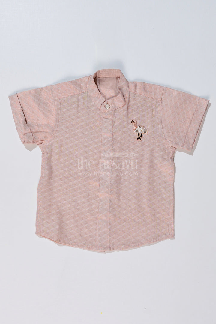 The Nesavu Boys Silk Shirt Boys Casual Silk Blend Shirt in Beige with Minimal Embroidery and Mandarin Collar Nesavu 16 (1Y) / Half white BS223AA-16 Boys Beige Silk Blend Shirt Embroidered Flamingo Mandarin Collar | The Nesavu