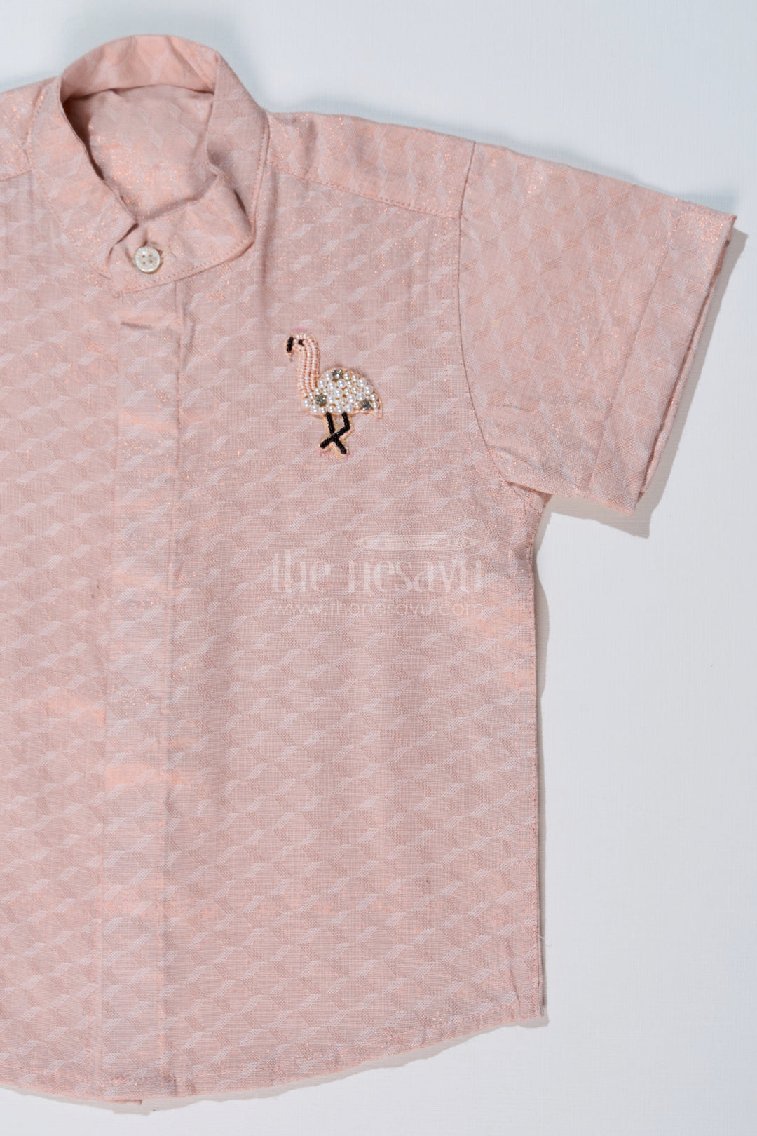 The Nesavu Boys Silk Shirt Boys Casual Silk Blend Shirt in Beige with Minimal Embroidery and Mandarin Collar Nesavu Boys Beige Silk Blend Shirt Embroidered Flamingo Mandarin Collar | The Nesavu