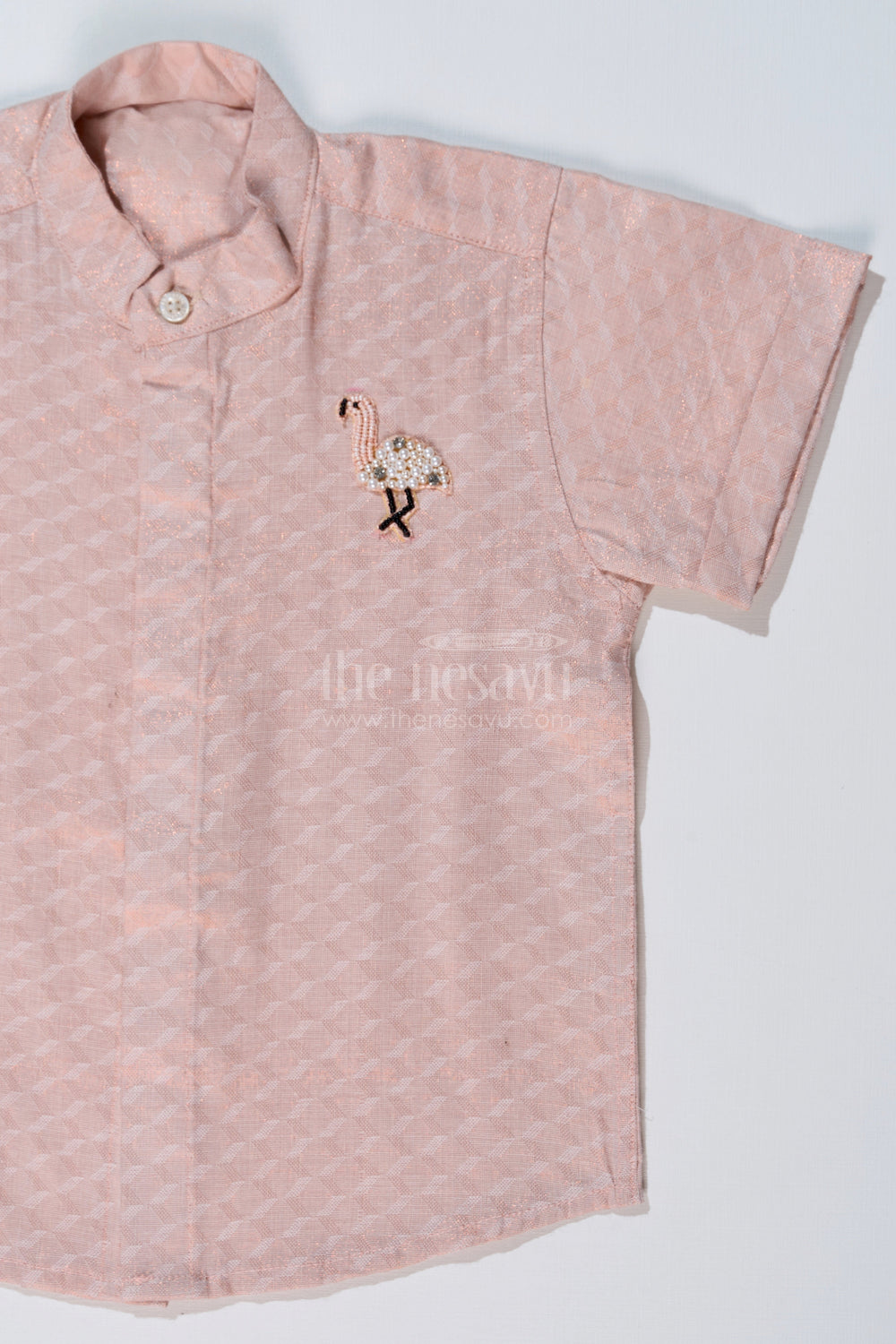 The Nesavu Boys Silk Shirt Boys Casual Silk Blend Shirt in Beige with Minimal Embroidery and Mandarin Collar Nesavu Nesavu Boys Beige Silk Blend Shirt Embroidered Flamingo Mandarin Collar