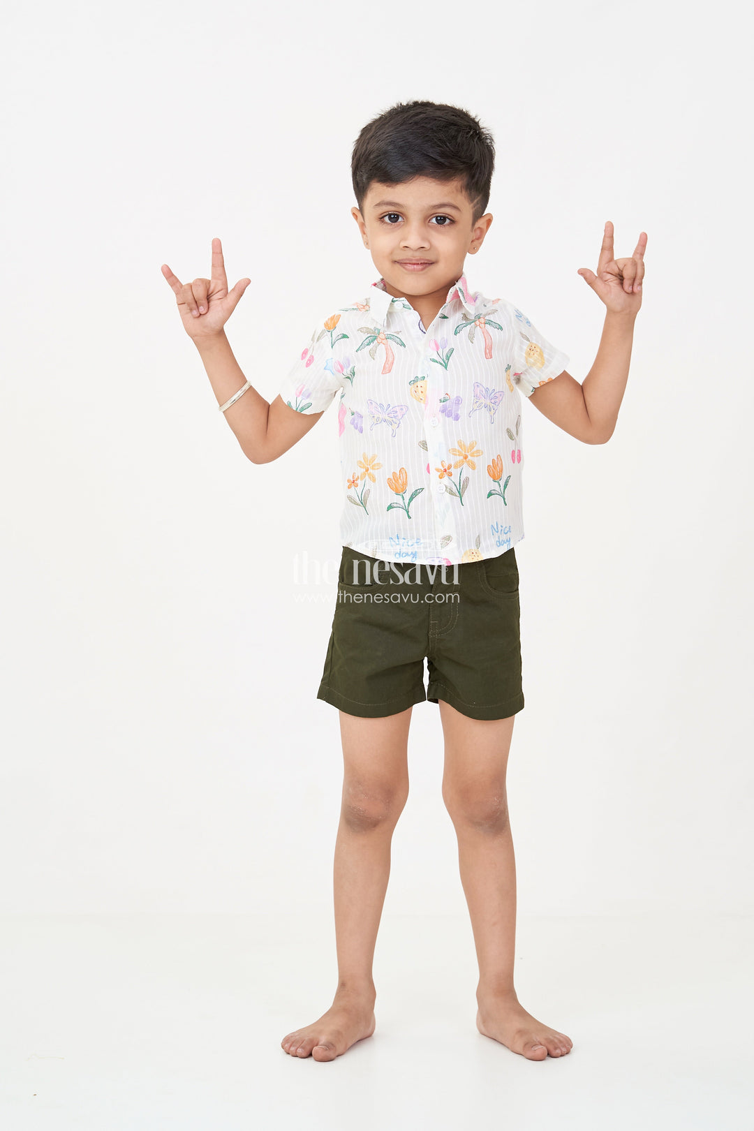 The Nesavu Boys Casual Set Boys Casual Summer Wear Set with Digital Printed Shirt and Solid Black Shorts for a Fun Sunny Day Nesavu 14 (6M) / White BCS244A-14 Boys casual summer wear Set Printed Fruit Graphic Shirt Black Shorts Bright Days | The Nesavu