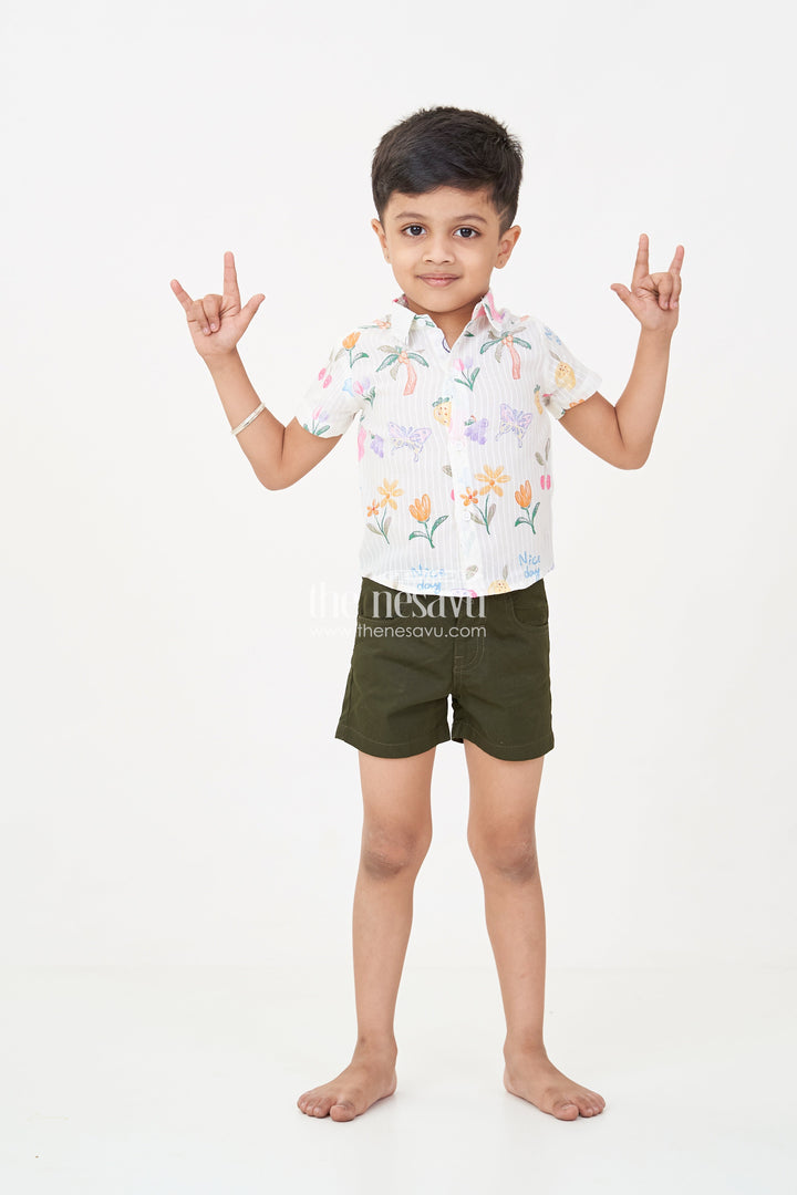 The Nesavu Boys Casual Set Boys Casual Summer Wear Set with Digital Printed Shirt and Solid Black Shorts for a Fun Sunny Day Nesavu 14 (6M) / White BCS244A-14 Boys casual summer wear Set Printed Fruit Graphic Shirt Black Shorts Bright Days | The Nesavu