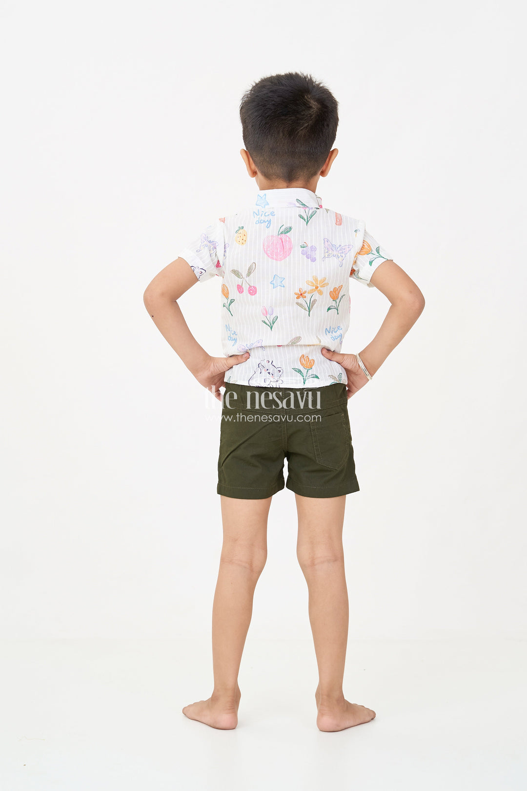 The Nesavu Boys Casual Set Boys Casual Summer Wear Set with Digital Printed Shirt and Solid Black Shorts for a Fun Sunny Day Nesavu Boys casual summer wear Set Printed Fruit Graphic Shirt Black Shorts Bright Days | The Nesavu