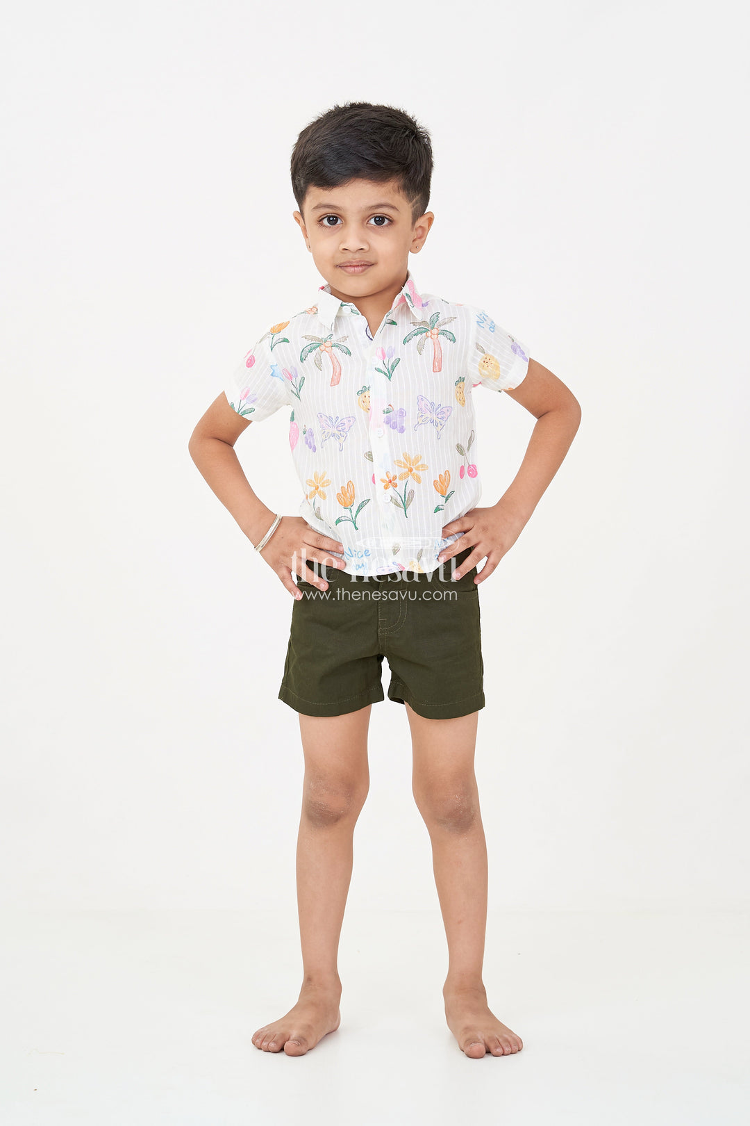 The Nesavu Boys Casual Set Boys Casual Summer Wear Set with Digital Printed Shirt and Solid Black Shorts for a Fun Sunny Day Nesavu Boys casual summer wear Set Printed Fruit Graphic Shirt Black Shorts Bright Days | The Nesavu