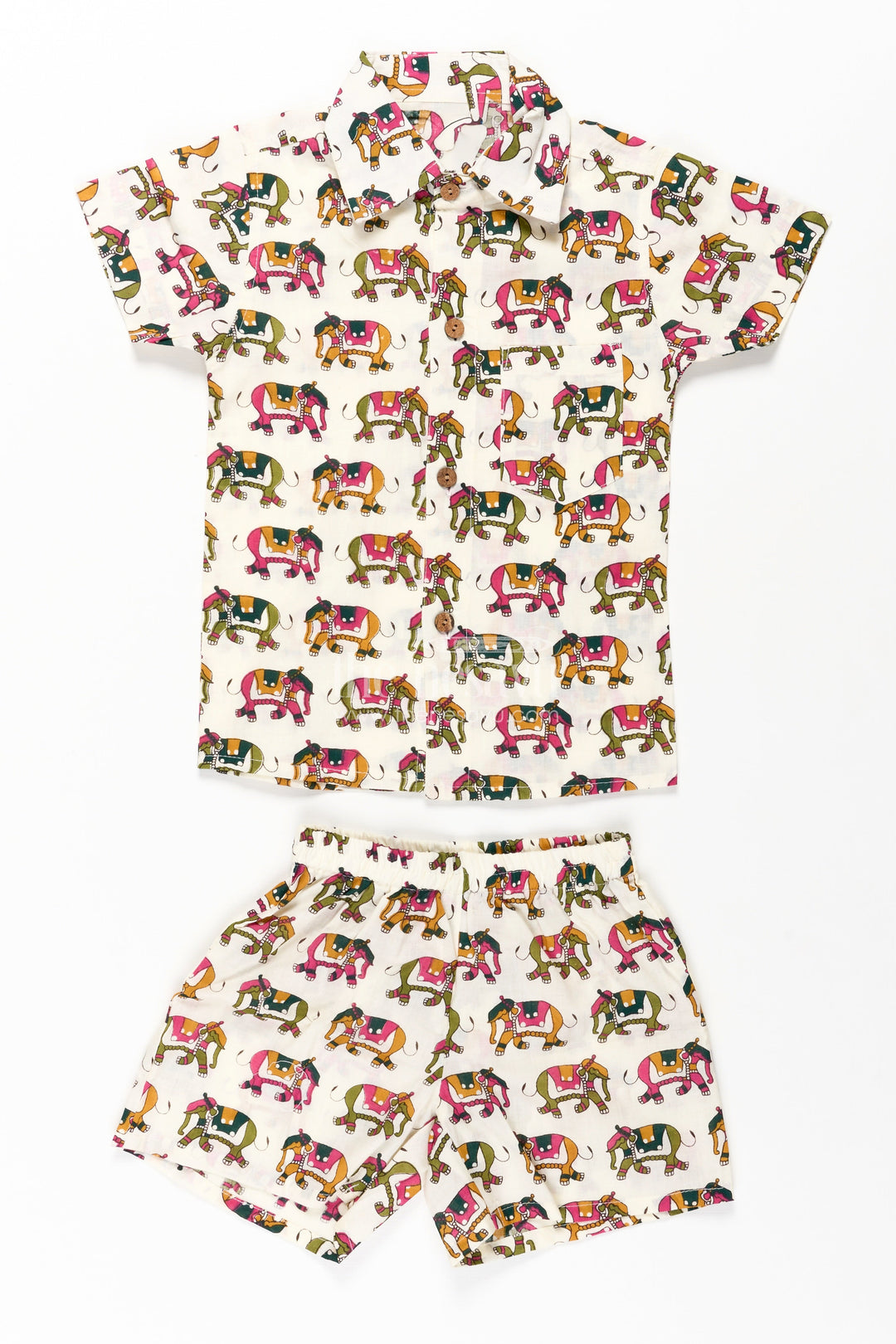 The Nesavu Boys Casual Set Boys Casual Two Piece Outfits in Cotton with Elephant Digital Print and Collared Shirt Nesavu 16 (1Y) / Multicolor BCS264A-16 Nesavu Boys Casual Two Piece Outfits Cotton Elephant Digital Print Shirt Shorts Set