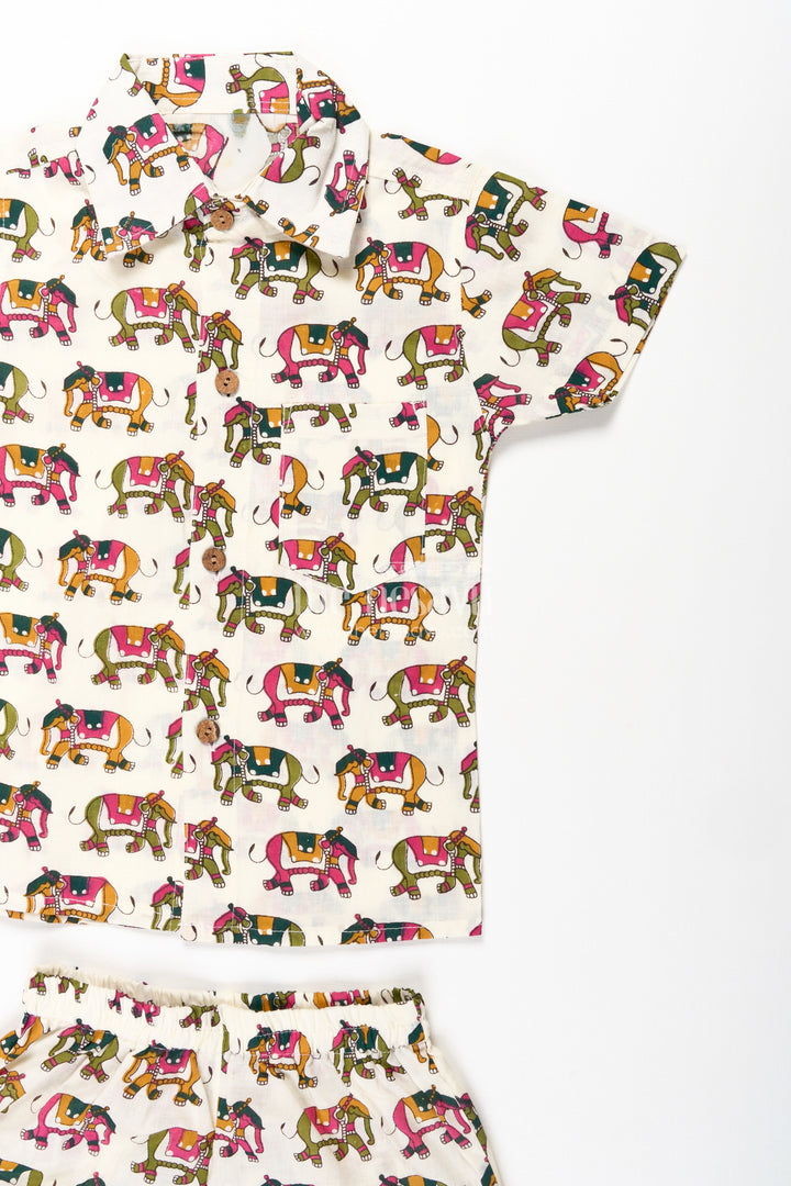 The Nesavu Boys Casual Set Boys Casual Two Piece Outfits in Cotton with Elephant Digital Print and Collared Shirt Nesavu Nesavu Boys Casual Two Piece Outfits Cotton Elephant Digital Print Shirt Shorts Set