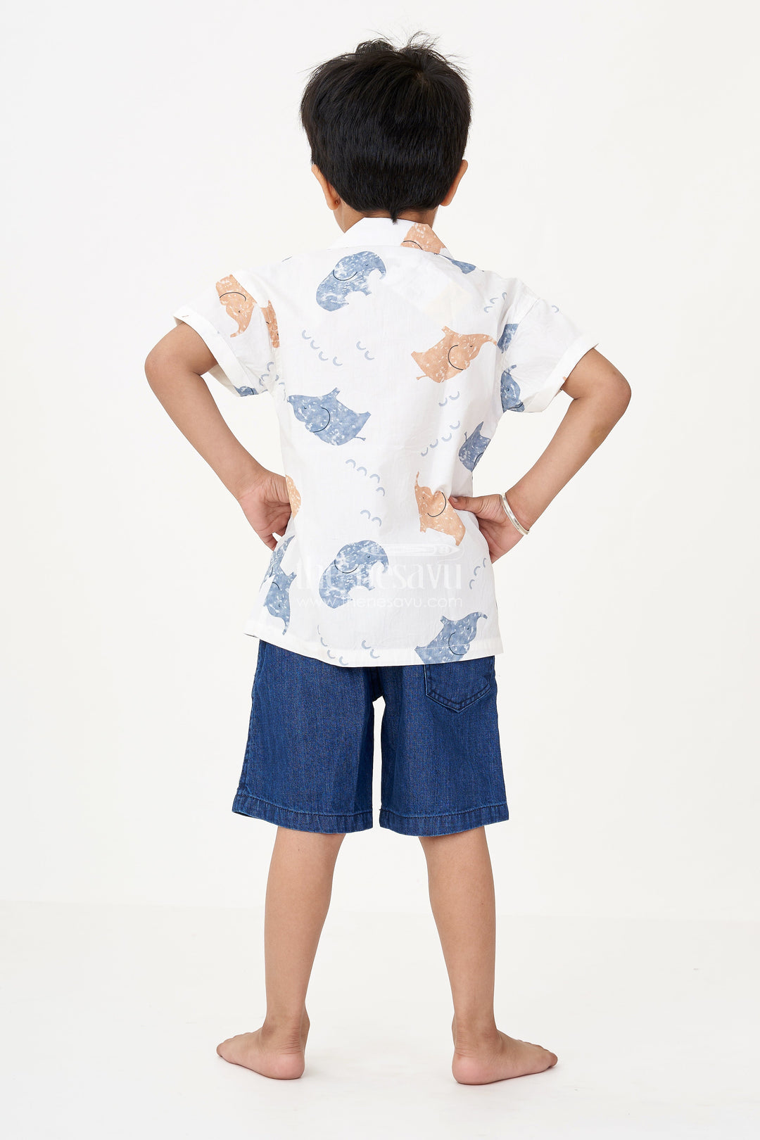 The Nesavu Boys Casual Set Boys Casual Two Piece Sets with White Animal Print Shirt and Denim Blue Cotton Shorts Nesavu Boys Casual Two Piece Sets White Animal Printed Shirt Denim Blue Shorts | The Nesavu
