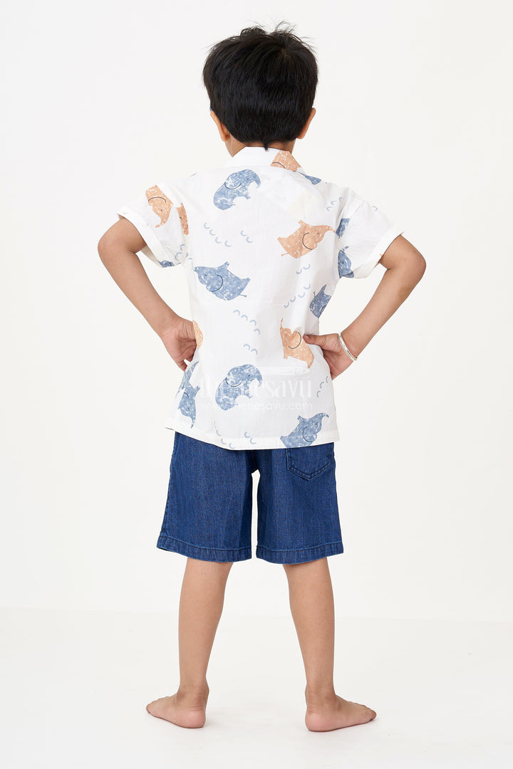 The Nesavu Boys Casual Set Boys Casual Two Piece Sets with White Animal Print Shirt and Denim Blue Cotton Shorts Nesavu Boys Casual Two Piece Sets White Animal Printed Shirt Denim Blue Shorts | The Nesavu