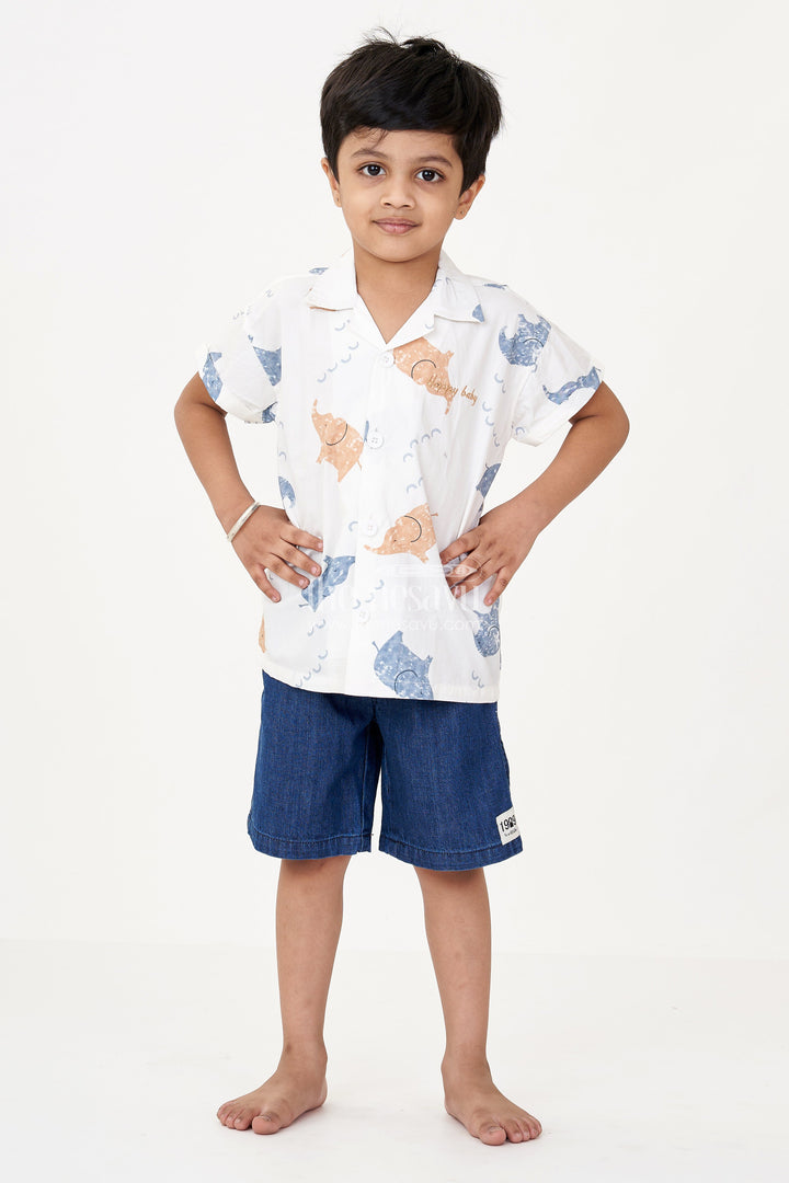 The Nesavu Boys Casual Set Boys Casual Two Piece Sets with White Animal Print Shirt and Denim Blue Cotton Shorts Nesavu Boys Casual Two Piece Sets White Animal Printed Shirt Denim Blue Shorts | The Nesavu